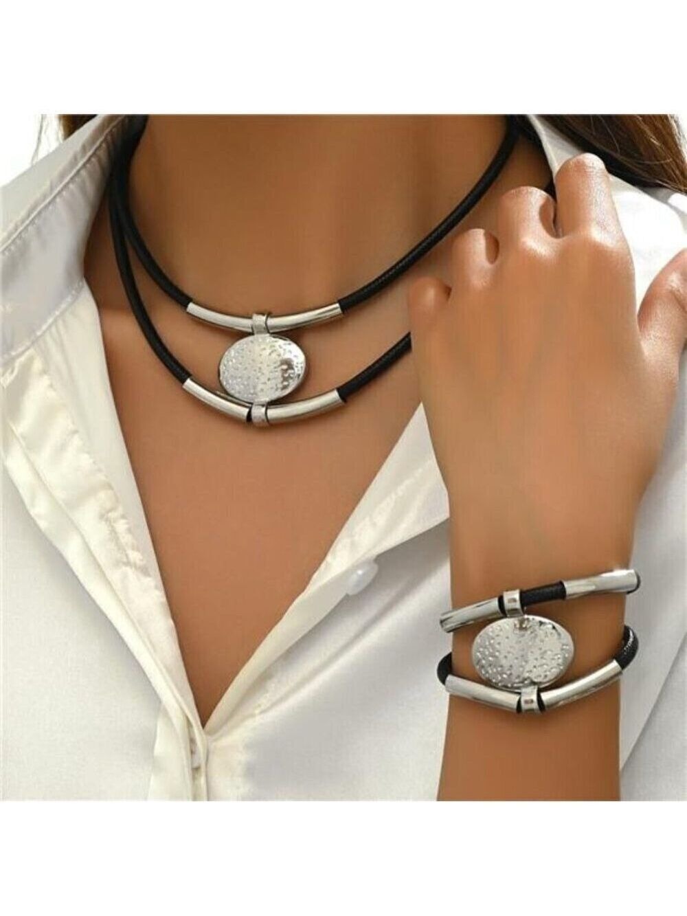 Silver Tone and Black Boho Western Double Layered Chunky Vintage Jewelry Set